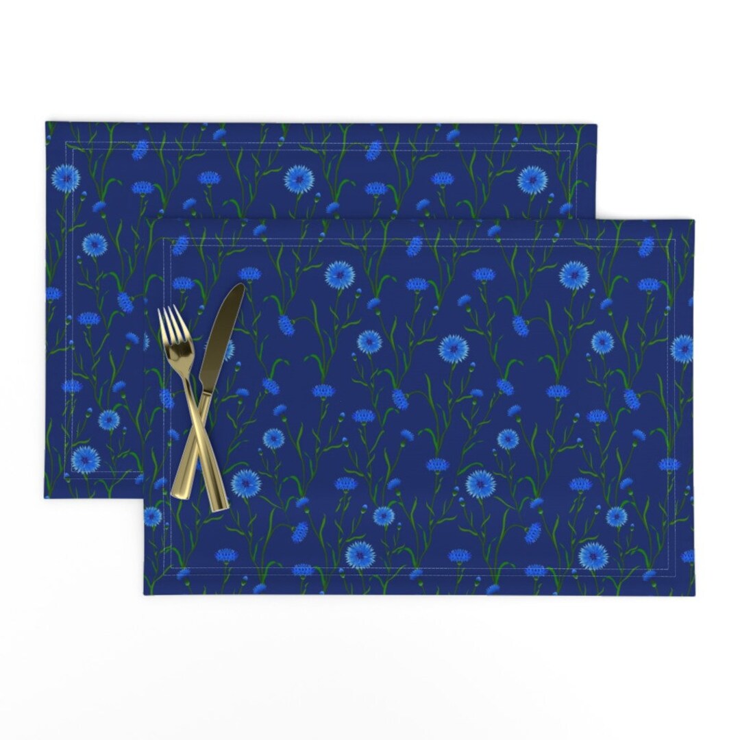 Moody Floral Placemats set of 2 Cornflowers on Dark Blue by