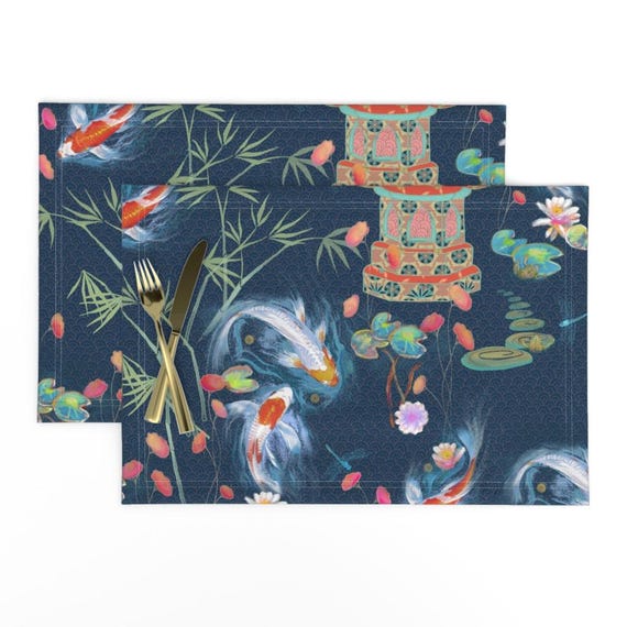 Koi Fisch Tischsets 2er Set - Chinoiserie Japanische Pagode Wassergarten  Tuch Tischsets - Japanischer Wassergarten von designed_by_debby - Etsy.de