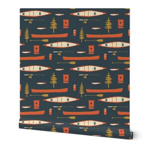 Rustiek vliesbehang Lake Life Camping Woodland Nature - Lake Canoes And Oars van coitcreative Wallpaper Double Roll van Spoonflower afbeelding 3