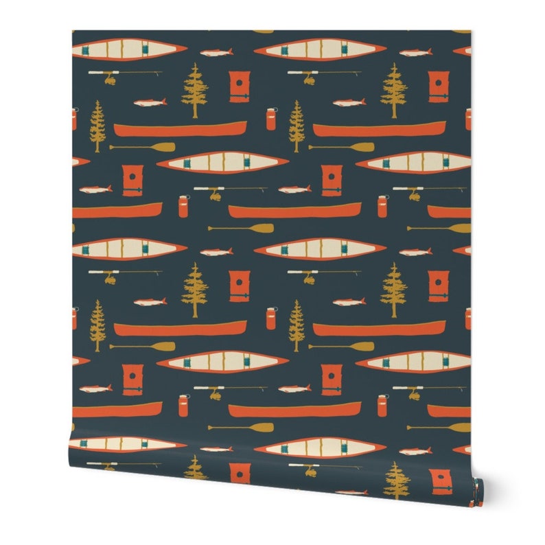 Rustiek vliesbehang Lake Life Camping Woodland Nature - Lake Canoes And Oars van coitcreative Wallpaper Double Roll van Spoonflower afbeelding 3