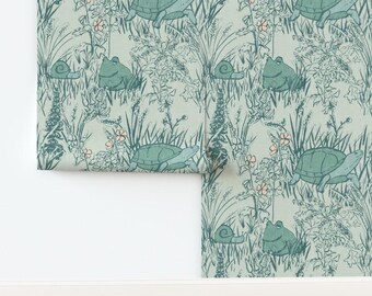 Meadow Wildlife Non-Pasted Wallpaper Whimsical Tortoise Snail Toad Frog Garden Mint Green - Meadow by byre_wilde Wallpaper by Spoonflower