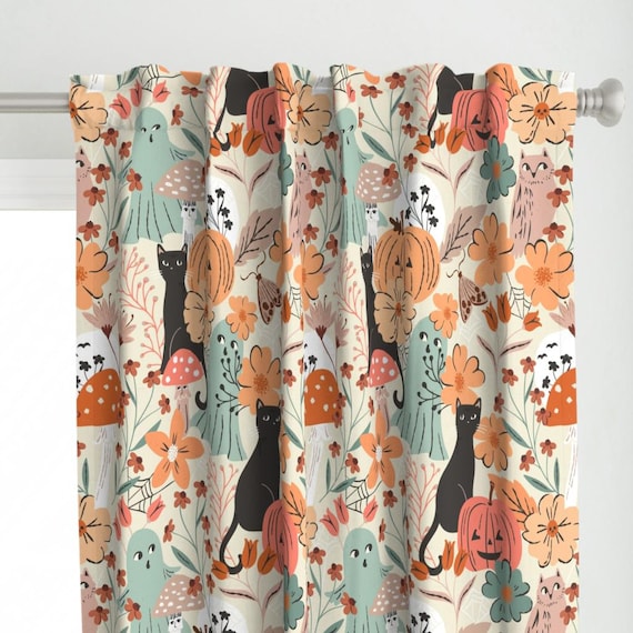 Cute Halloween Ghost Curtain Panel - Pastel Floral Pumpkin Orange Black Cat Custom Curtain Panel - Ghosts And Pumpkin by sally_mountain -