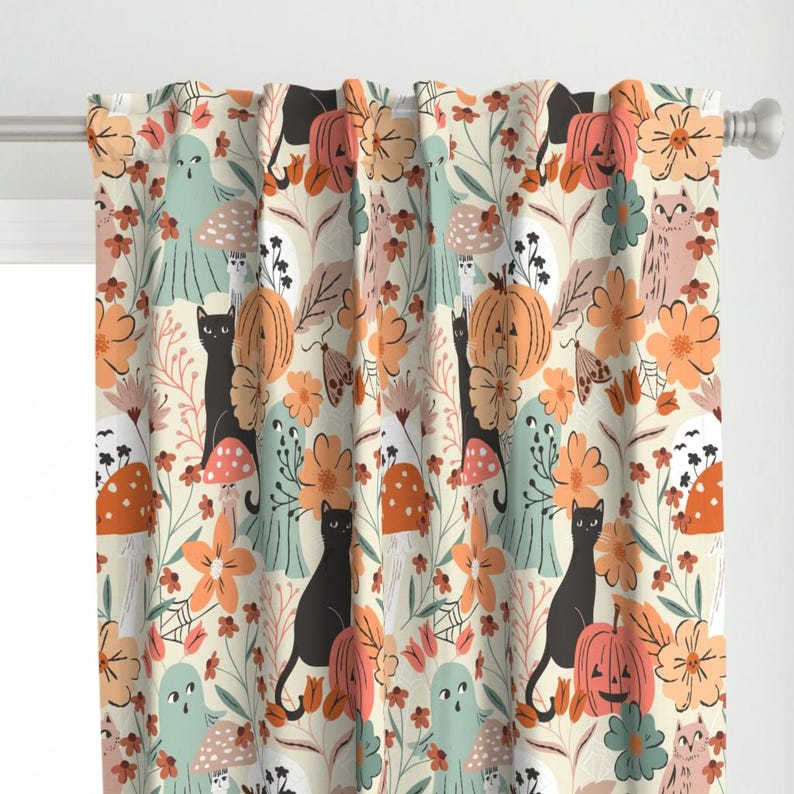 Cute Halloween Ghost Curtain Panel - Pastel Floral Pumpkin Orange Black Cat Custom Curtain Panel - Ghosts And Pumpkin by sally_mountain - image 1
