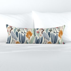 Coastal Flora XL Lumbar Pillow - Heron And Plants by nina_leth - Nature Tropical Crane Extra Large Rectangle Lumbar Pillow by Spoonflower
