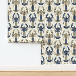 Kuststijl Chic Behang zonder lijm Crème Blauw Taupe Cape Cod Neutraal Rustig - Lucky Lobster van daintydora Behang Dubbele Rol van Spoonflower
