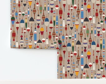 Retro Non-Pasted Wallpaper Camping Lake Fishing Lake House Bobber - Fishing Bobbers Tan by shellypenko Wallpaper Double Roll by Spoonflower