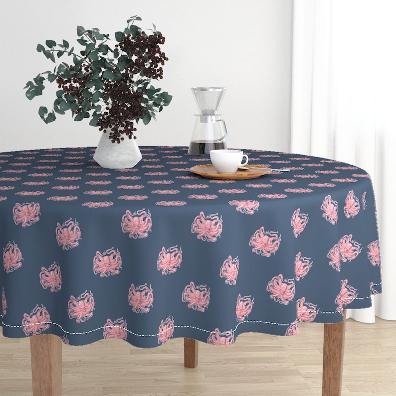 Pink Octopus by vinpauld Nautical Octopus Round Tablecloth Dark Blue Pink Cotton Sateen Circle Tablecloth by Spoonflower