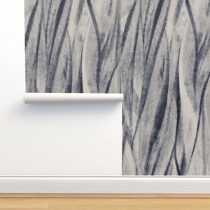 Abstract Blue Non-Pasted Wallpaper - Navy Driftwood by wren_leyland - Faux Texture Nautical Sea Wallpaper Double Roll by Spoonflower