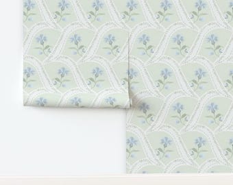 Cottagecore Non-Pasted Wallpaper Green Blue Floral Botanical - Soft Blue Sabrina by danika_herrick Wallpaper Double Roll by Spoonflower