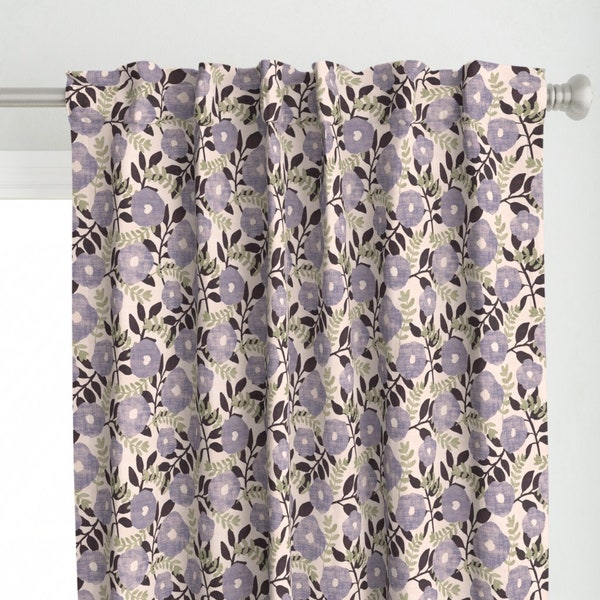 Purple Gray Florals Curtain Panel - Lavender Flowers by carlymorgan -  Lavender Leaves Beige Cream Custom Curtain Panel by Spoonflower