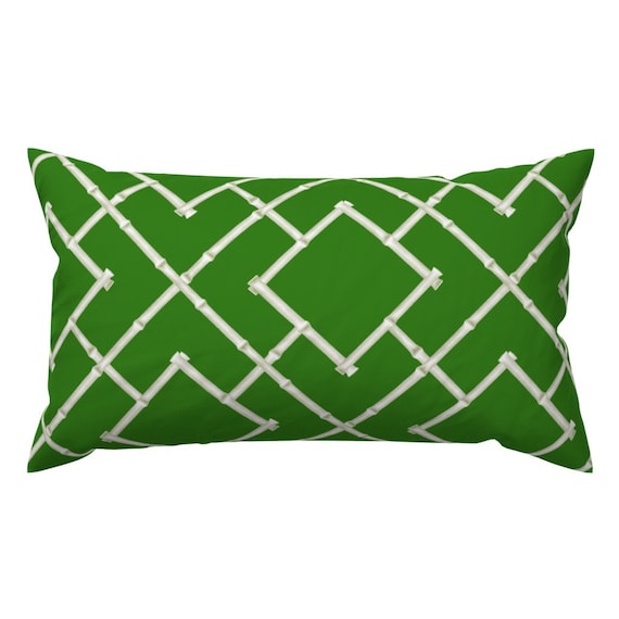 Trellis Lumbar Pillow - Chinoiserie Bamboo Print Asian  Rectangle Accent Throw Pillow - Osaka Bamboo Trellis In Green by willowlanetextiles
