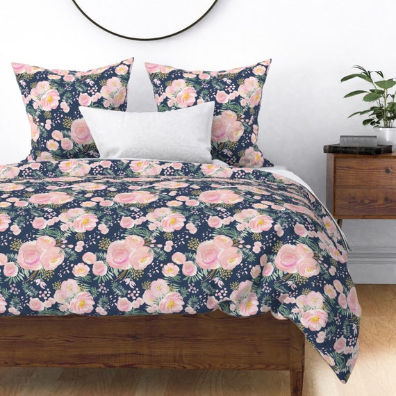 Pink Floral Duvet Cover Navy Floral Pink And Gold By Etsy