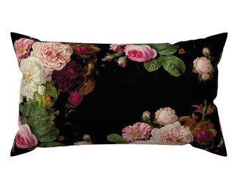 Vintage Roses Accent Pillow - Dark Roses On Black by etienne - Black Floral Victorian Inspired Rectangle Lumbar Throw Pillow by Spoonflower