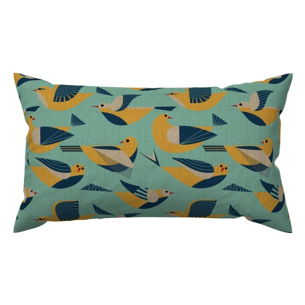 Retro Mod Accent Pillow - Birds Flying In Blue by vo_aka_virginiao - Mid Century Modern Birds Rectangle Lumbar Throw Pillow by Spoonflower