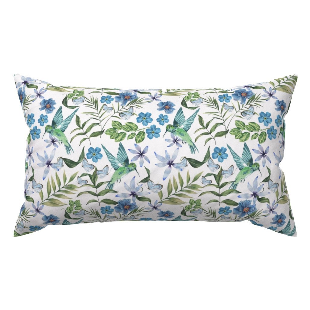 Hummingbird Floral Lumbar Pillow - Hummingbird by andrea_haase_design - Vintage Style Blue Butterfly Botanical Rectangle Accent Throw Pillow
