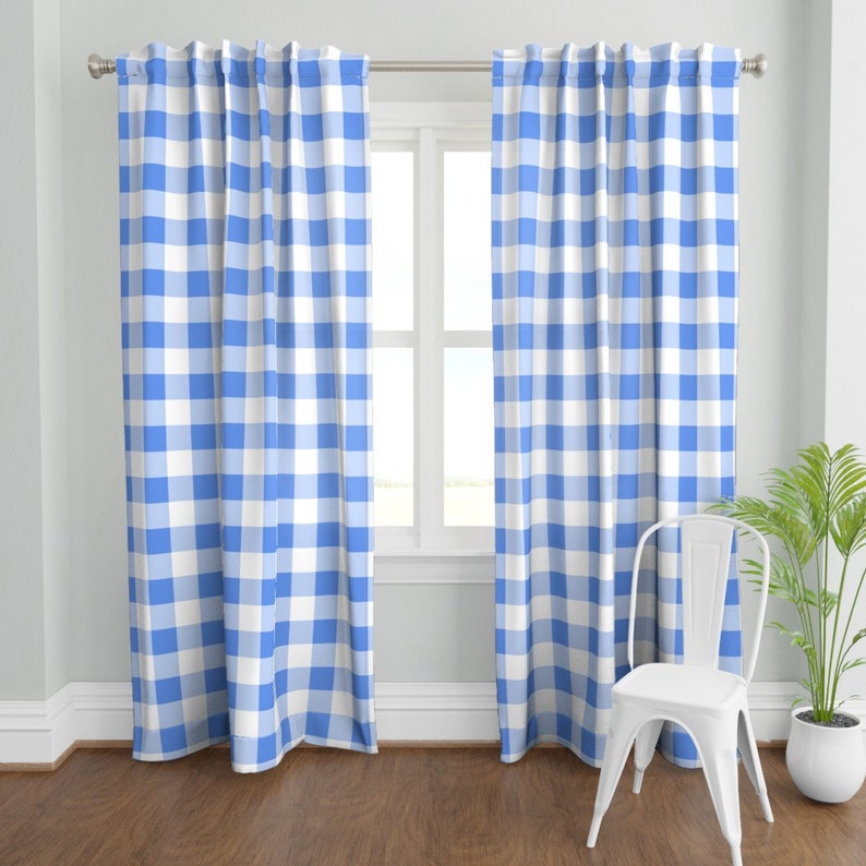 Gingham Curtain Panel 3 Inch Cornflower Blue White by Etsy