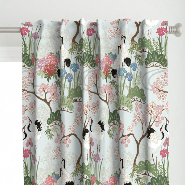 Crane Chinoiserie Curtain Panel - Japanese Garden by juditgueth - Blue Green Pink Botanical Floral Custom Curtain Panel by Spoonflower