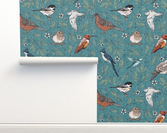 Songbirds Commercial Grade Wallpaper - Backyard Birds by sugarpinedesign - Chickadee Blue Jay Birding Wallpaper Double Roll by Spoonflower