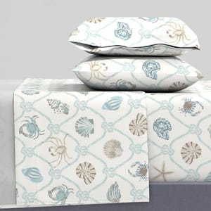 Sea Creatures Sheets - Rope Mermaid Scales by diris_studio - Blue Seashells Starfish Crabs Cotton Sateen Sheet Set Bedding by Spoonflower