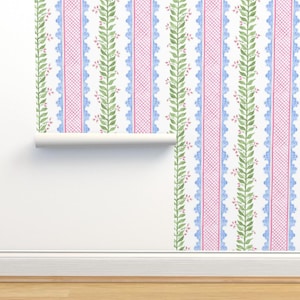 Colorful Preppy Non-Pasted Wallpaper - Celia Cornflower Blue by danika_herrick - Floral Stripe Wallpaper Double Roll by Spoonflower