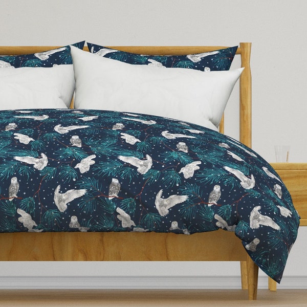 Winter Bedding - Snow Owl Hunting by lavish_season - Rustic Holiday Snow Owl Pine Cotton Sateen Duvet Cover OR Pillow Shams by Spoonflower