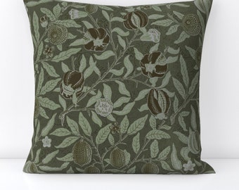 William Morris Throw Pillow - Antique Green  Art Nouveau Cottage Decorative Square Throw Pillow - Fruit In Sage by salvagescapes