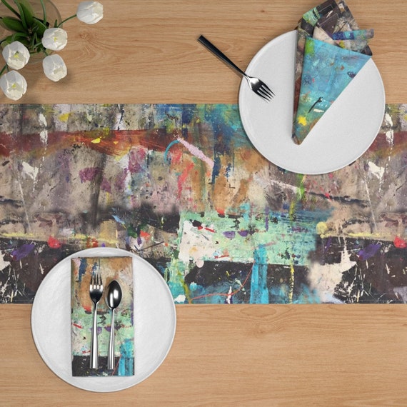 Table Runner Abstract Grunge Distressed Painting Ink Graffiti Cotton Sateen