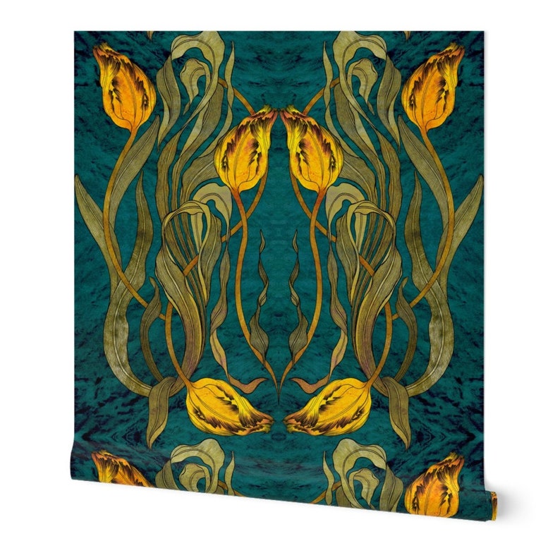 Art Nouveau Wallpaper Teal Botanical by Stitchyrichie Etsy