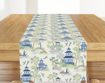 Chinoiserie Table Runner - Chinoiserie by barbarapixton - Pagoda Asian Inspired Toile Landscape Cotton Sateen Table Runner by Spoonflower