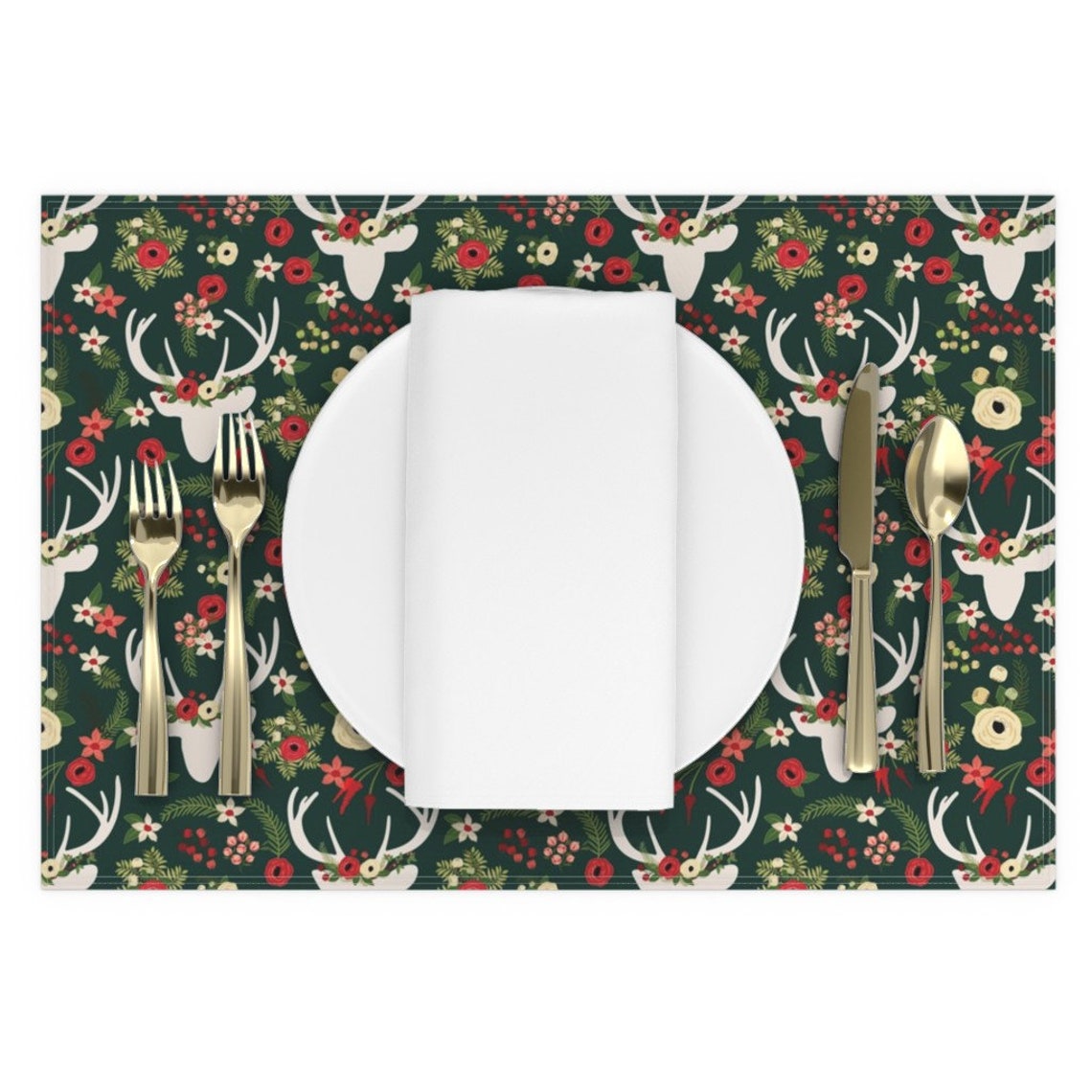Christmas Floral Placemats Set of 2 Forest Green Winter by Etsy