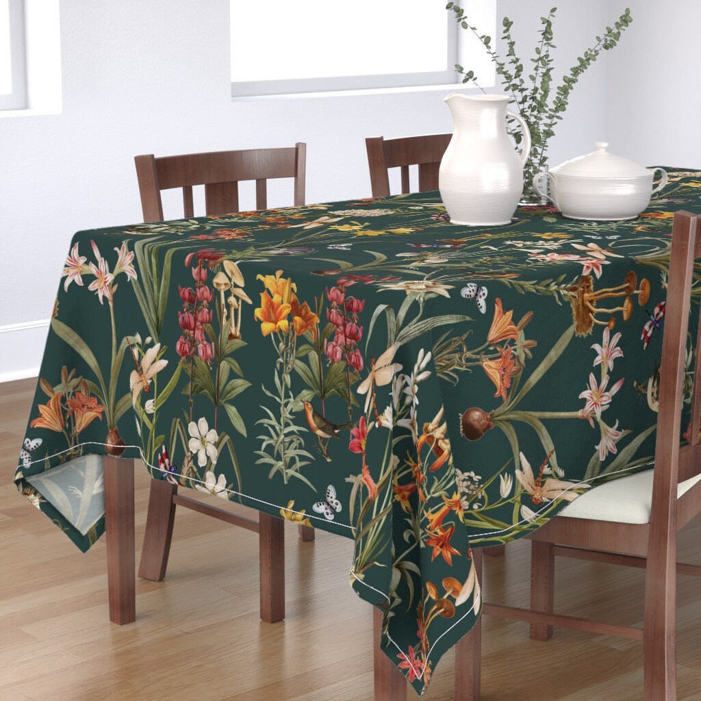 Round Tablecloth Garden Floral Birds Botanical Dragonflies Vintage Cotton Sateen Round Tablecloth Garden Floral Birds Botanical Dragonflies Vintage Cotton Sateen