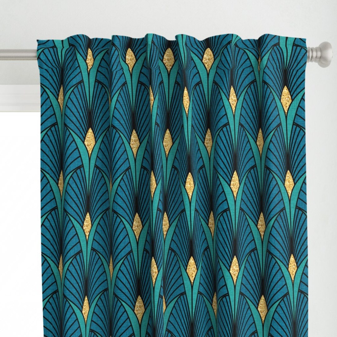 Peacock Jewels Curtain Panel Art Deco by Emikundesigns Bright Blue