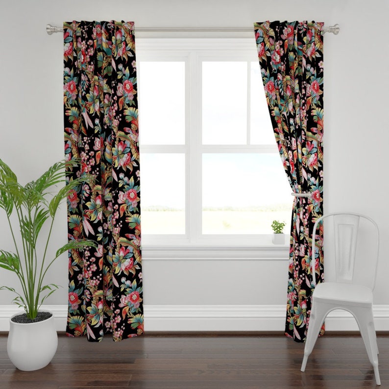 Parrot Curtain Panel Tropical Custom Curtain Panel by Spoonflower Edwardian Parrot Bright Black by peacoquettedesigns