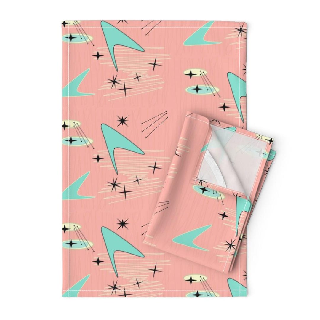Mid Century Tea Towels Set of 2 - Atomic Salmon Pink 1950s Retro Style ...
