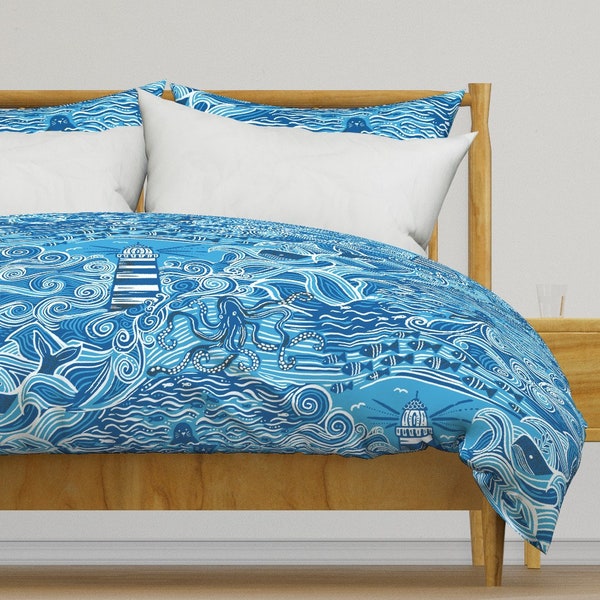 Blue Seascape Bedding - Seascape  by creativeinchi - Fish Lighthouse Coastal Chic  Cotton Sateen Duvet Cover OR Pillow Shams by Spoonflower