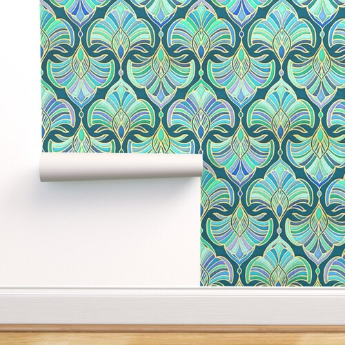 Art Nouveau Commercial Grade Wallpaper Teal Art Deco Fans by Etsy