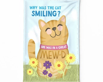Cat Joke Tea Towel - Smiling Cat by lisa_kubenez - Dad Jokes Typography Orange Cat Smiling Pun Linen Cotton Canvas Tea Towel by Spoonflower