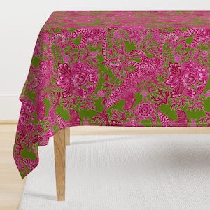 Chinoiserie Tablecloth - Fuschia Cheetah by hnldesigns - Maximalist Chintz Cheetah Jungle Hot Pink  Cotton Sateen Tablecloth by Spoonflower