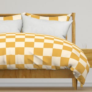 Retro Yellow Check Bedding - Mustard Yellow Check by emily_marlow - Checkerboard 1990s Y2k Cotton Sateen Duvet Cover OR Pillow Shams