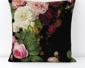 Moody Gothic Floral Throw Pillow - Dark Floral by etienne - Vintage Garden  English Roses Decorative Square Throw Pillow by Spoonflower