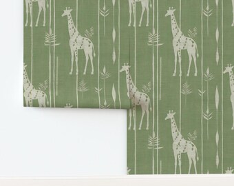 Exotic Non-Pasted Wallpaper Wildlife African Safari Wild Animal - Giraffe Stripe Green by whisperingwallflower Wallpaper by Spoonflower
