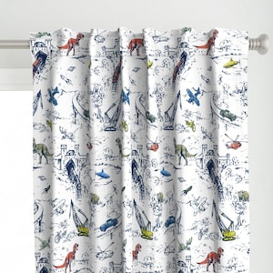Panneau de rideau fantaisiste pour enfants - toile Adventure par pattern_state - panneau de rideau personnalisé bleu blanc pour chambre de bébé dinosaure requin par Spoonflower
