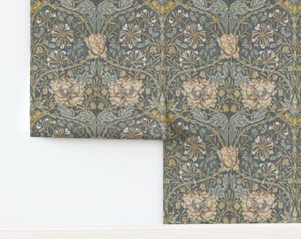 Floral Damask Non-Pasted Wallpaper Victorian Vintage Style Edwardian - Morris Honeysuckle by peacoquettedesigns Wallpaper by Spoonflower