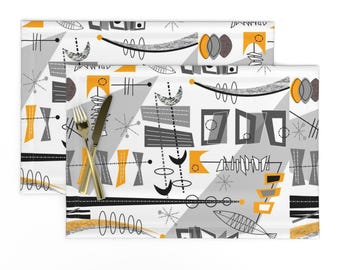Mid-century Mod Placemats Set of 2 - Retro Vintage Inspired Tiki Cookout Cloth Placemats - Atomic Abstract With Fish by hot4tees_bg