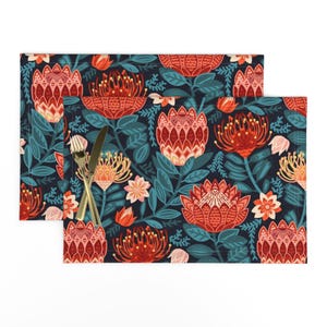 Pincushion Proteas Placemats (Set of 2) - Protea Chintz by tigatiga - African Flowers Red And Teal Cloth Placemats by Spoonflower