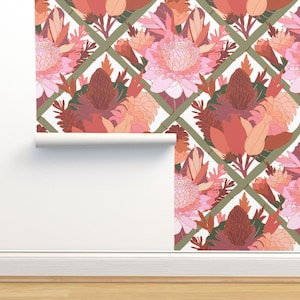 Pink Non-Pasted Wallpaper - Boho Floral Lattice by yesterdaycollection -  Botanical Lattice Trellis Wallpaper Double Roll by Spoonflower
