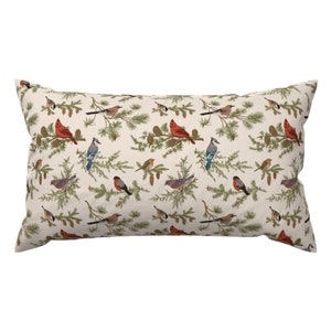 Vintage Vögel Akzent-Kissen - Winter Birds von olgakorneeva - Vogel Vintage Grün Retro Winter Rechteck Lendenwirbelkissen von Spoonflower