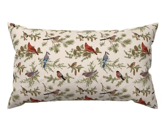 Vintage Birds Lumbar Pillow - Bird Vintage Green Retro Winter Holiday Branch Rectangle Accent Throw Pillow - Winter Birds by olgakorneeva