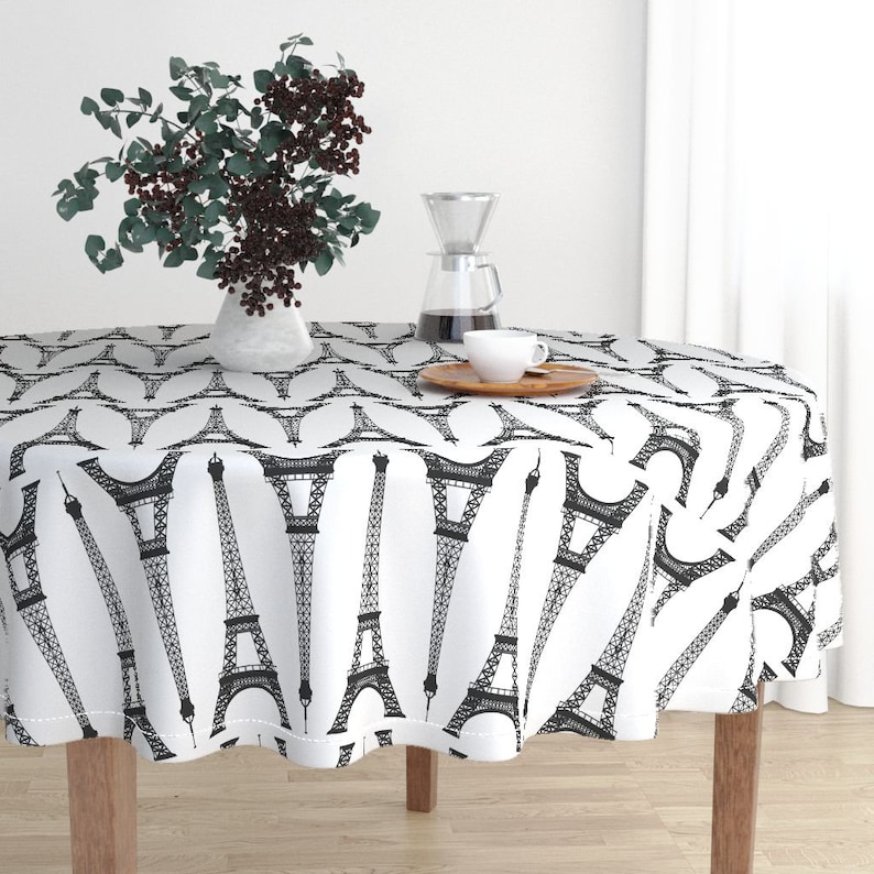 Black Eiffel Towers On White by mtothefifthpower France Travel Cotton Sateen Circle Tablecloth by Spoonflower Paris Round Tablecloth