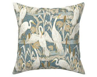 Coastal Cranes Throw Pillow - Watching Cranes by illaberek - Art Deco  Classic Nautical Cream  18"x18" Square Throw Pillow by Spoonflower